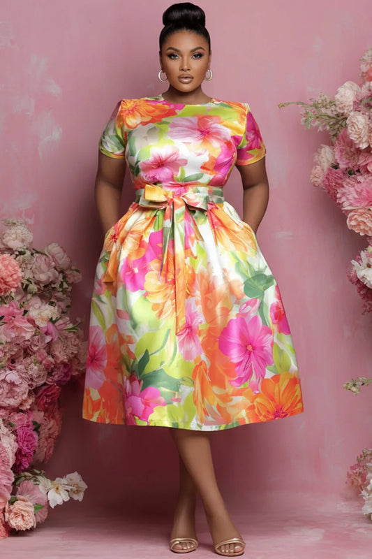 Wedding Guest Multicolor Floral Round Neck Short Sleeve Pocket Wrap Satin Midi Dresses