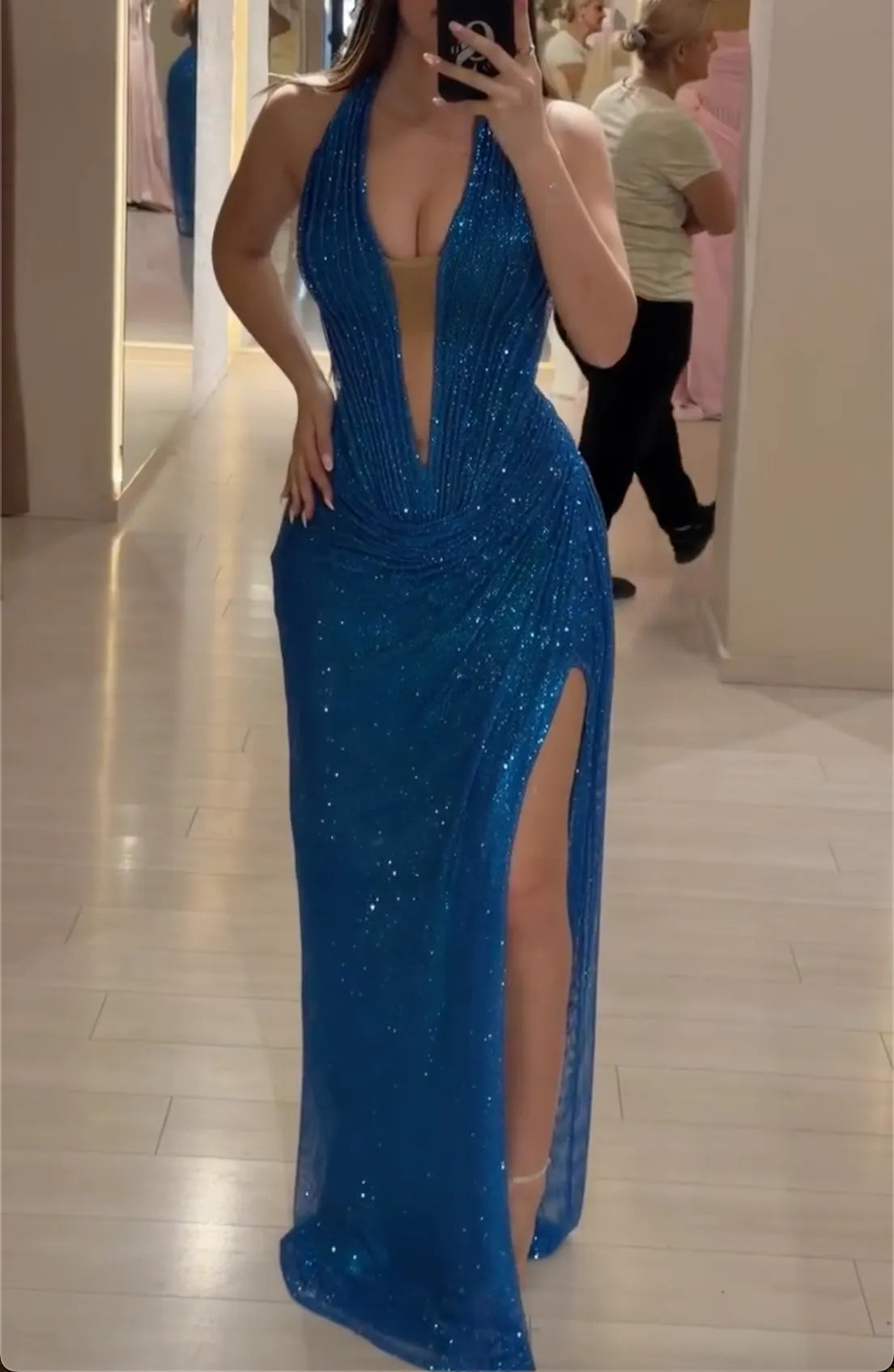 Blue Halter Neck Sparkly Maxi Dress - Deep V Neck Ruched Slit Formal Evening Gown