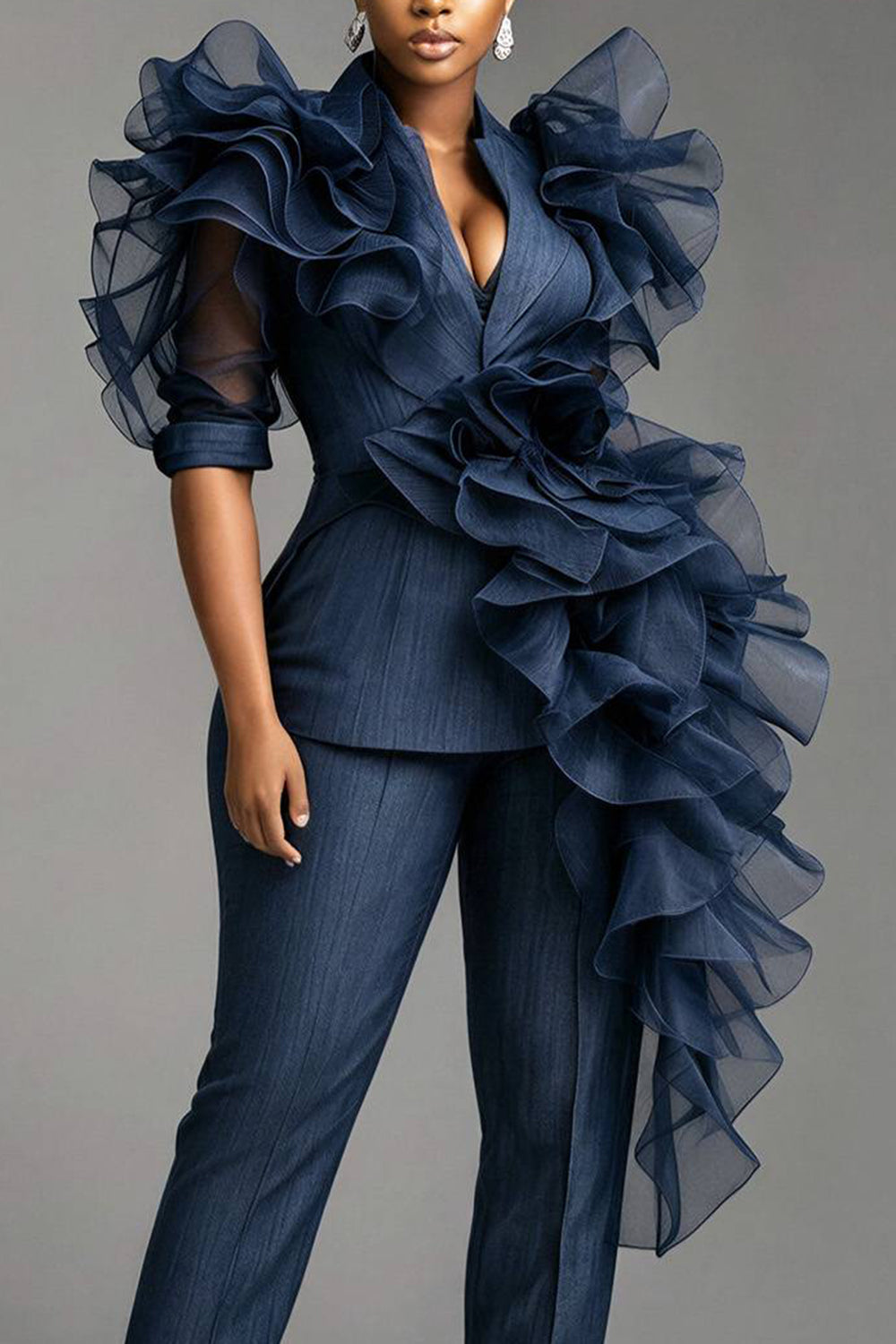 Cocktail Party Elegant Blue Turndown Collar Short Sleeve 3D Pocket Two Piece Pant Suits