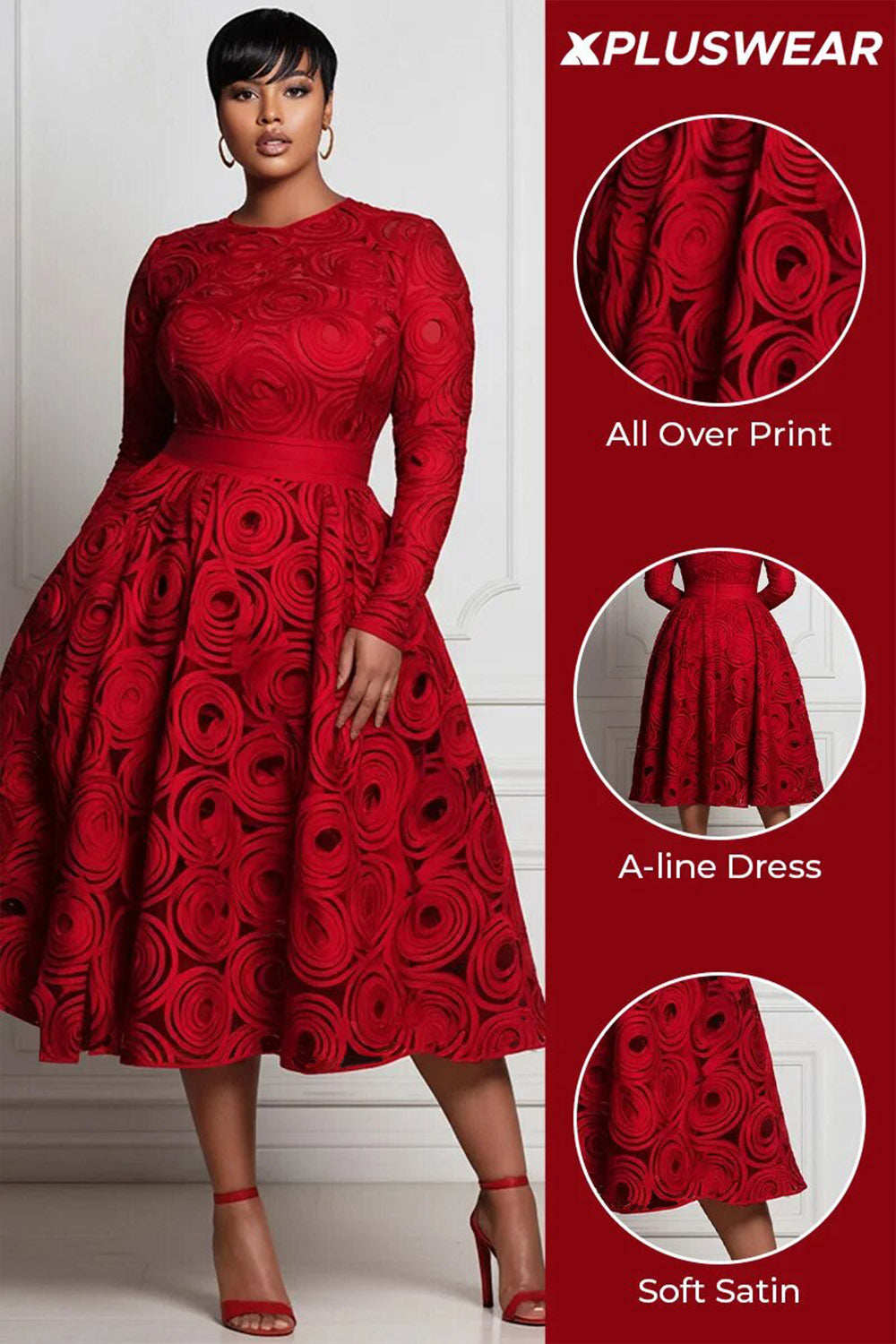 Red All Over Print Round Neck Long Sleeve Pocket Elegant Satin Midi Dresses
