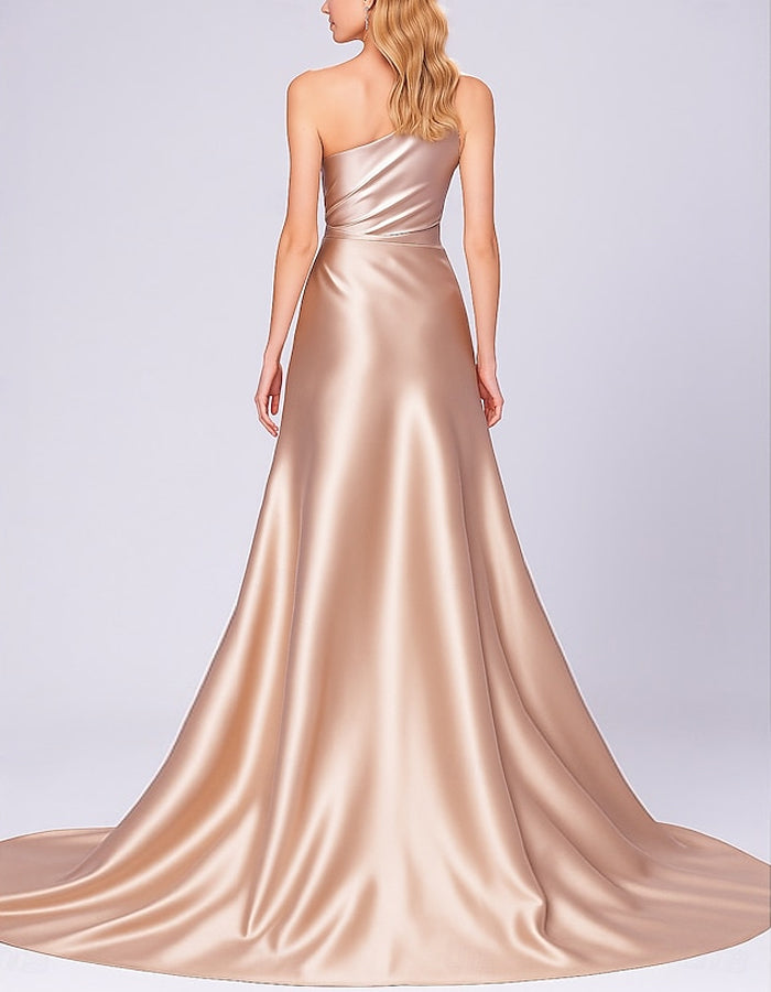 Solid One Shoulder Stretch Satin Pleated Maxi Dress