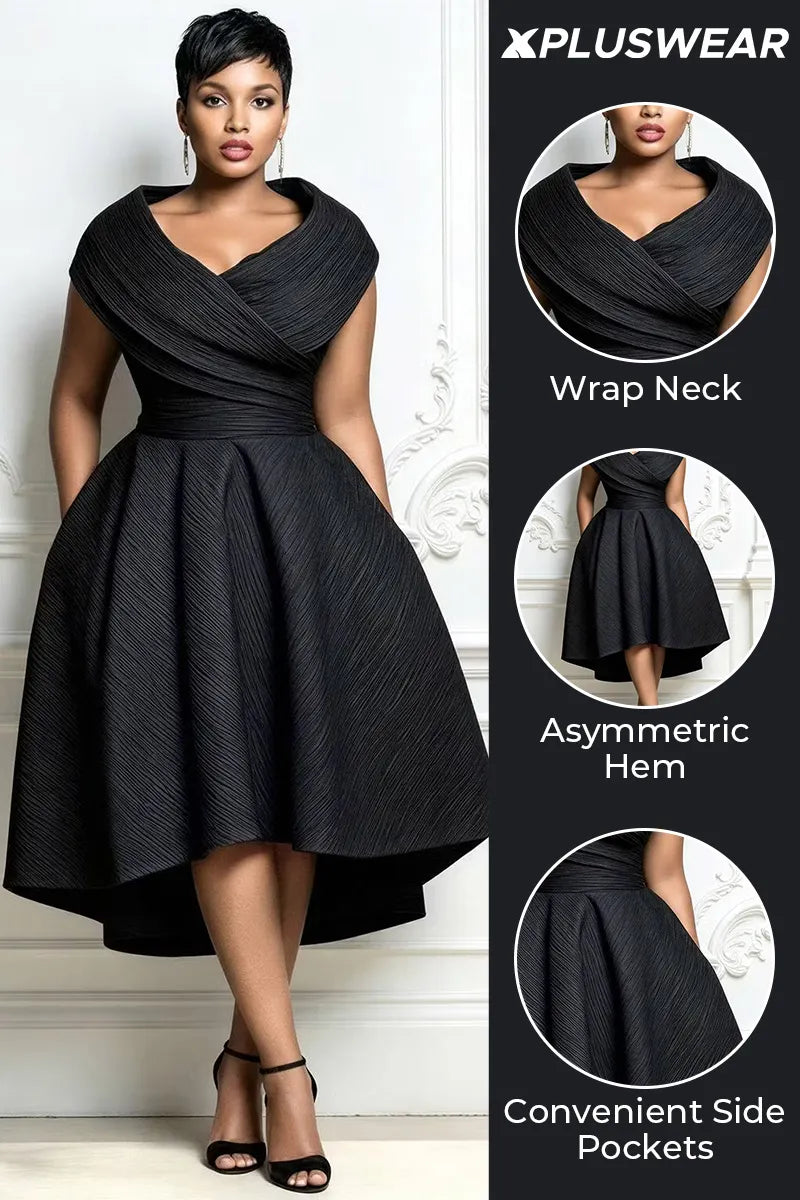 Cocktail Party Black Wrap Neck Short Sleeve Pocket Irregular Hem Midi Dresses