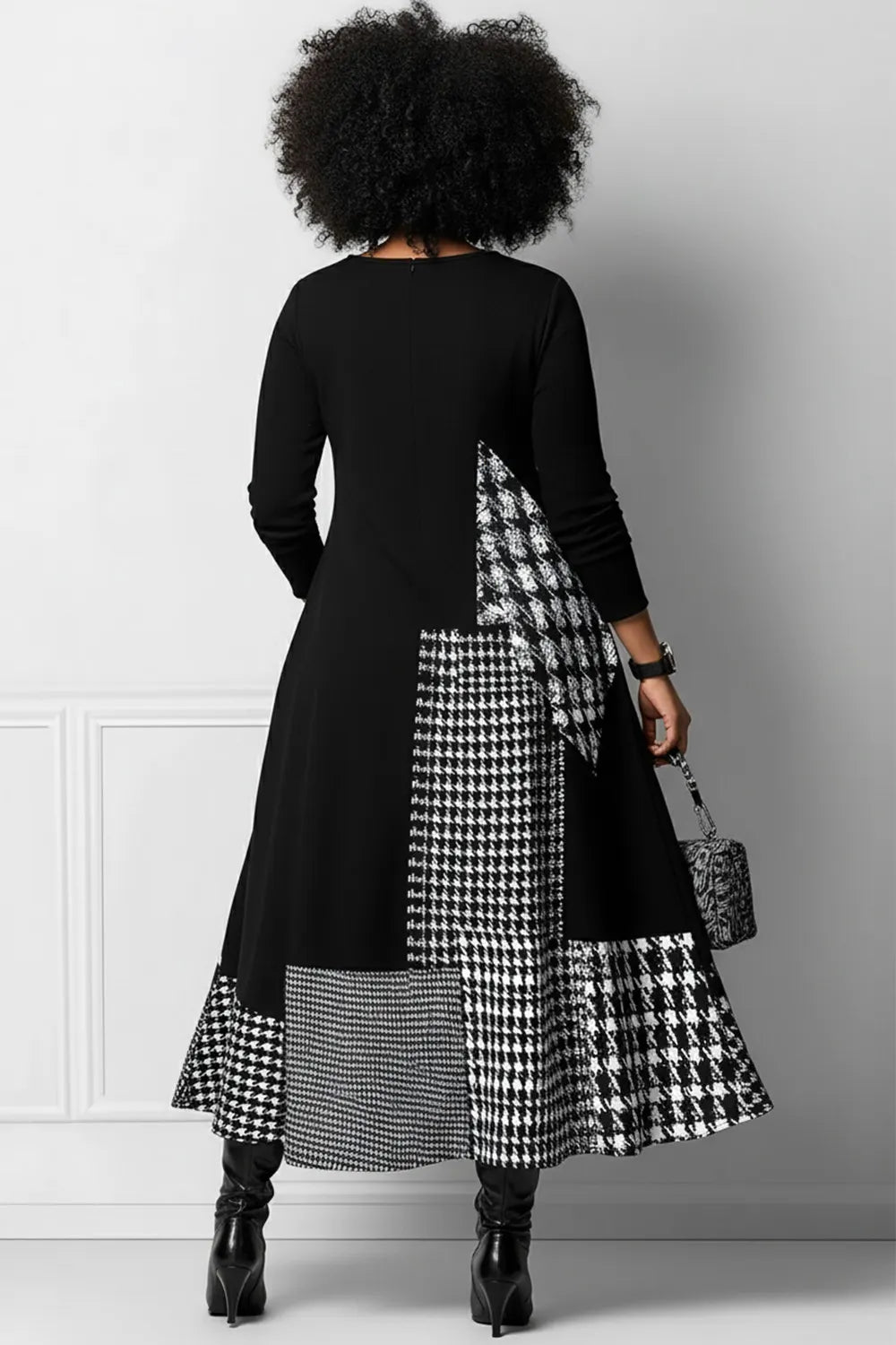 Daily Black Houndstooth Round Neck Long Sleeve Pocket Elegant Maxi Dresses