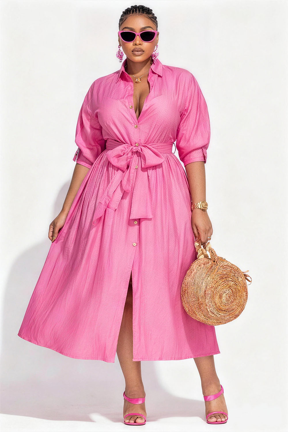 Vacation White Shirt Collar Half Sleeve Pocket Midi Dresses