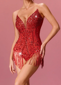 Red Rhinestone Plunge Neck Fringe Bodysuit