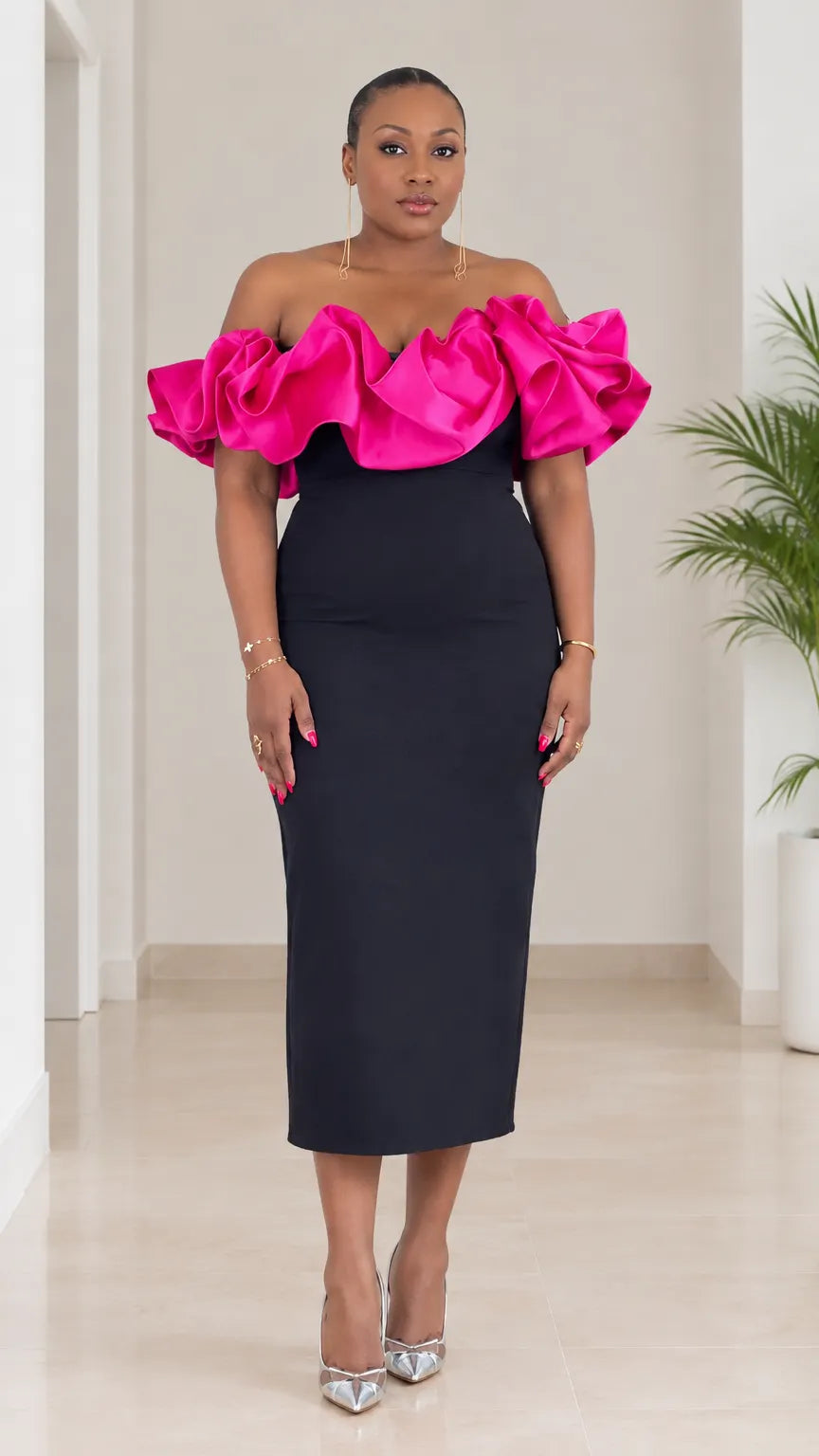 Off-The-Shoulder Ruffle Midi Dress with Satin Accent