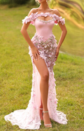 Blush Pink Floral Applique Off-the-Shoulder High-Slit Mermaid Maxi Dress