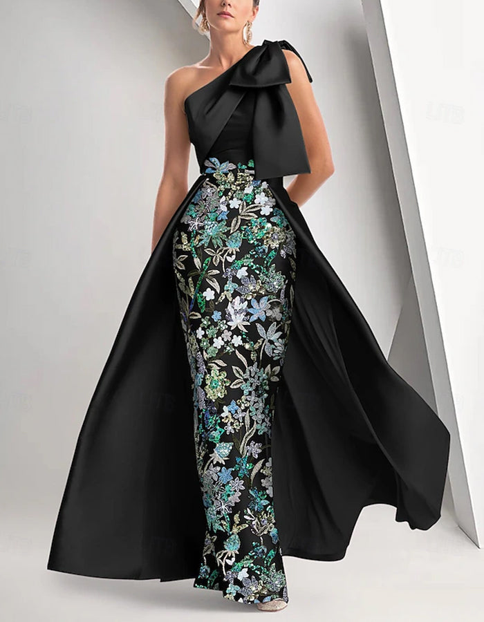 One Shoulder Satin Sequin Bodycon Maxi Dress