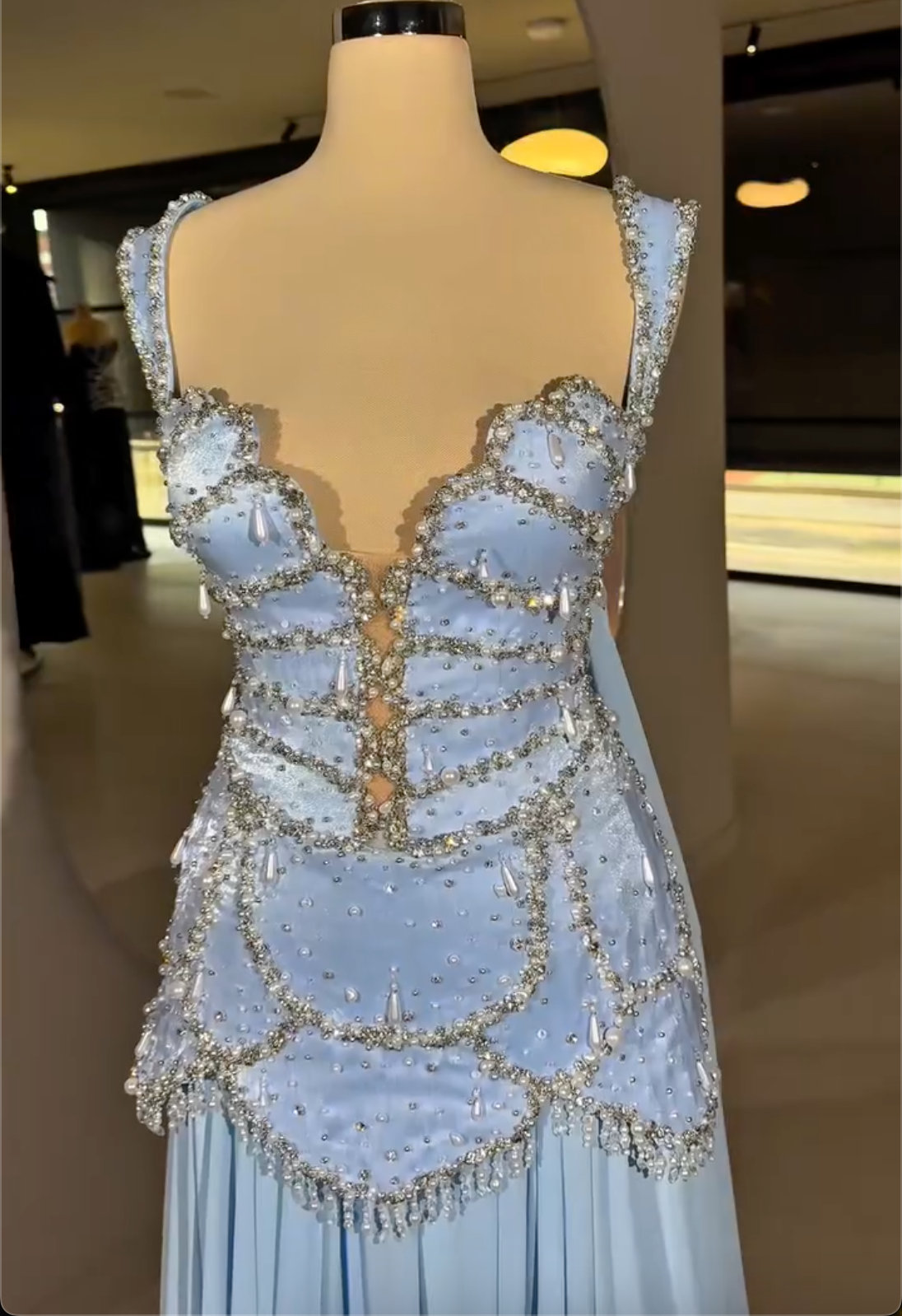 Sky Blue Spaghetti Strap Maxi Dress with Crystal Beading & Teardrop Embellishments
