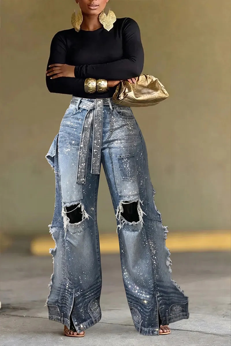 Women Full Rhinestone Embellished Distressed Ripped Raw Fringe Layer Split Wide Leg Flare Denim Jeans
