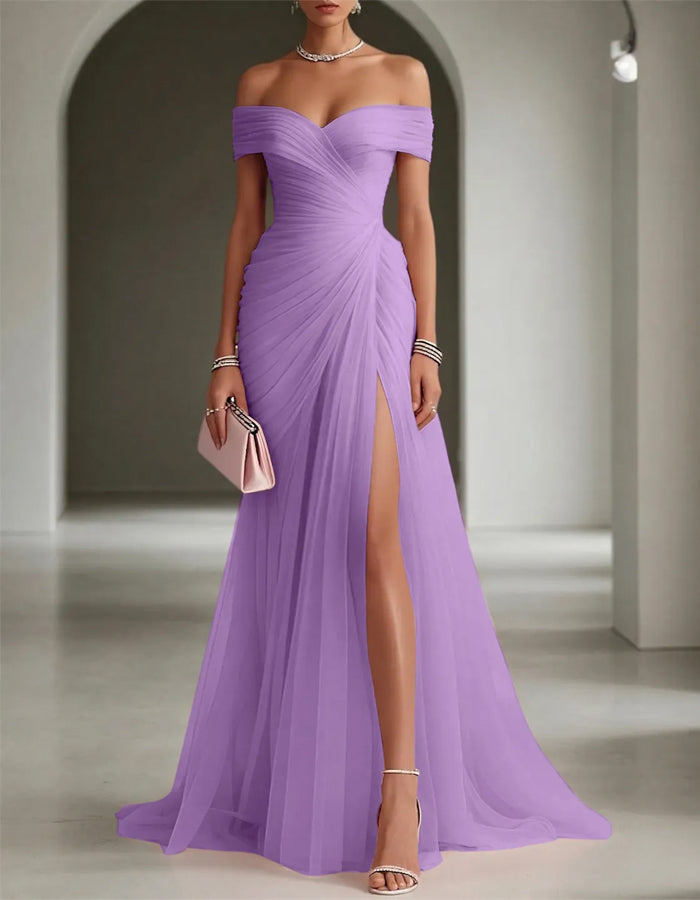 Solid Color Off Shoulder Mesh Ruching And Slit  Maxi Dress