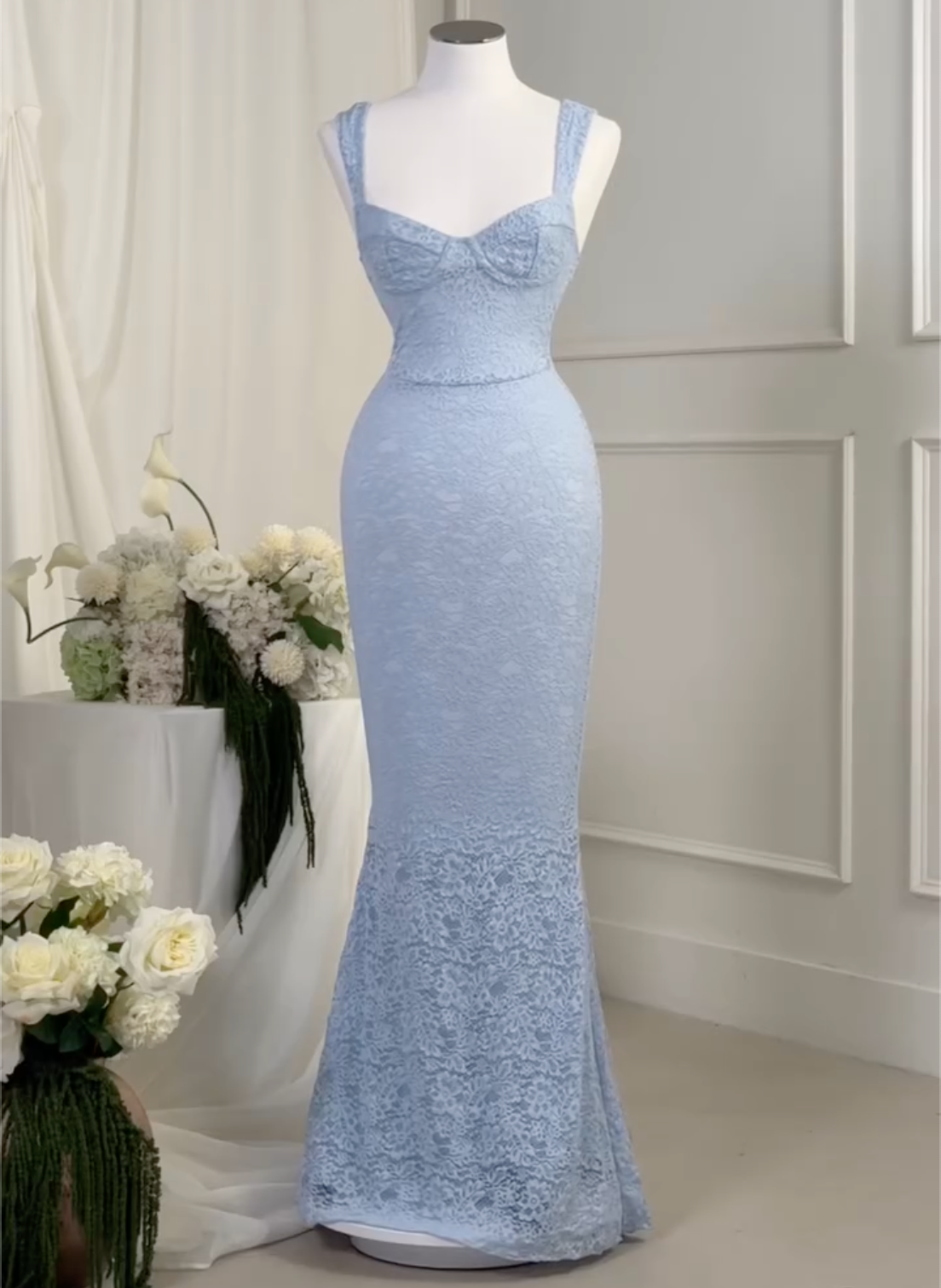 Light Blue Sweetheart Lace Mermaid Maxi Dress with Open Back - Formal Evening Gown