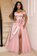Off Shoulder 3D Floral Decor Slit Mesh Gowns Maxi Dresses-Pink [Pre Order]