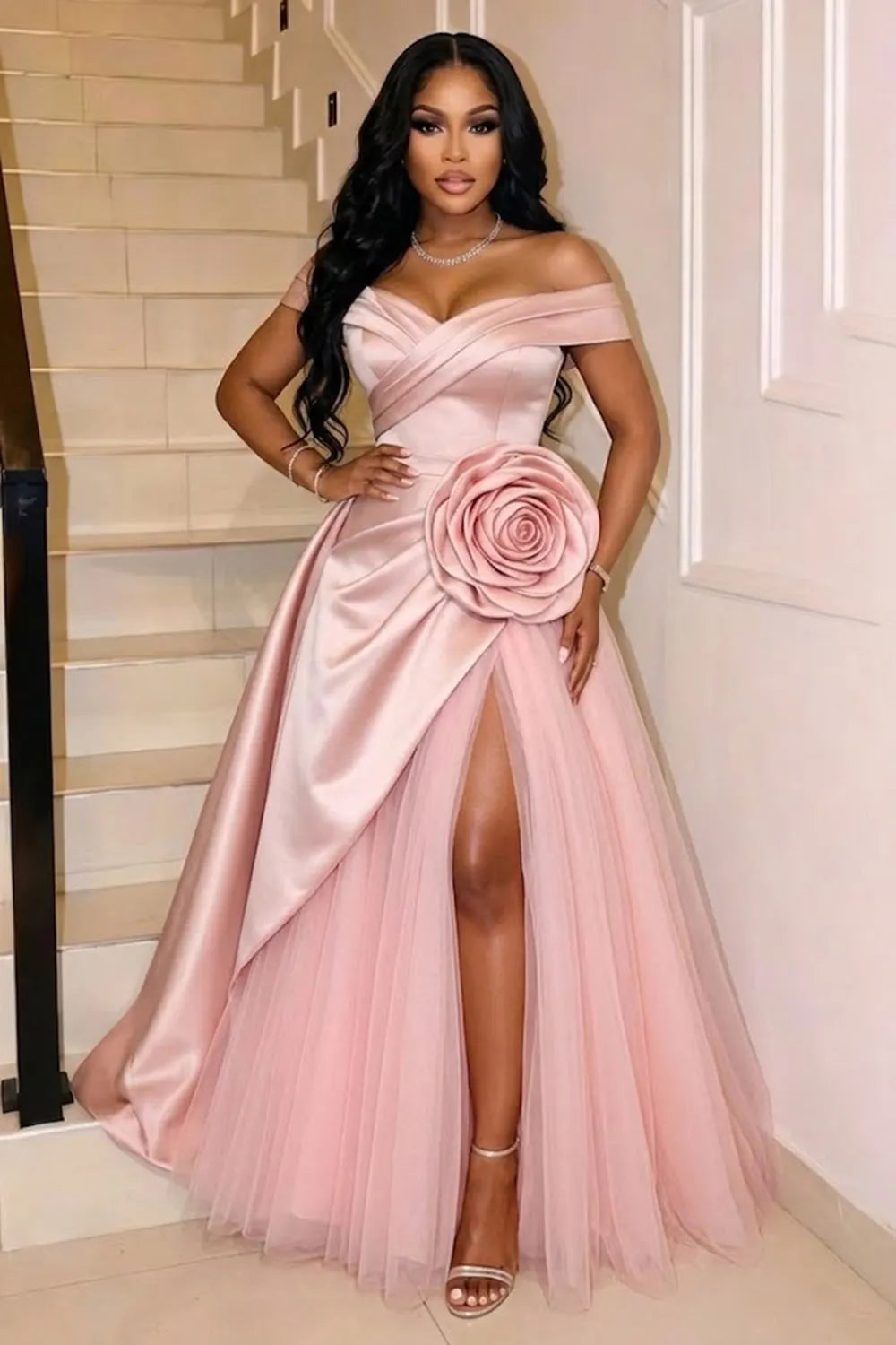 Off Shoulder 3D Floral Decor Slit Mesh Gowns Maxi Dresses-Pink [Pre Order]