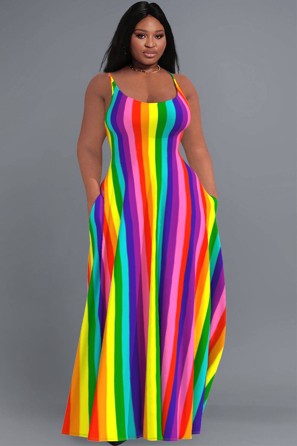 Daily Rainbow Sundress Striped Round Neck Pocket Maxi Dresses