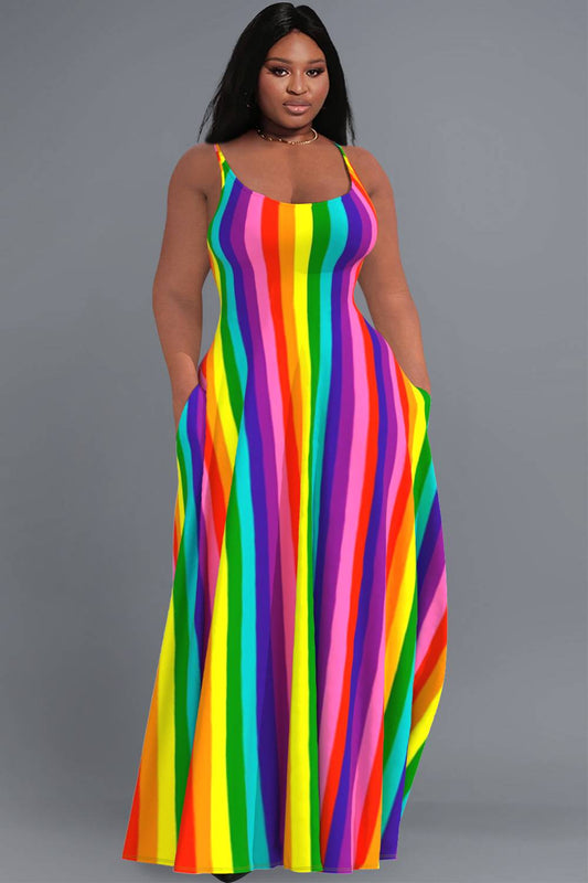 Daily Rainbow Sundress Striped Round Neck Pocket Maxi Dresses