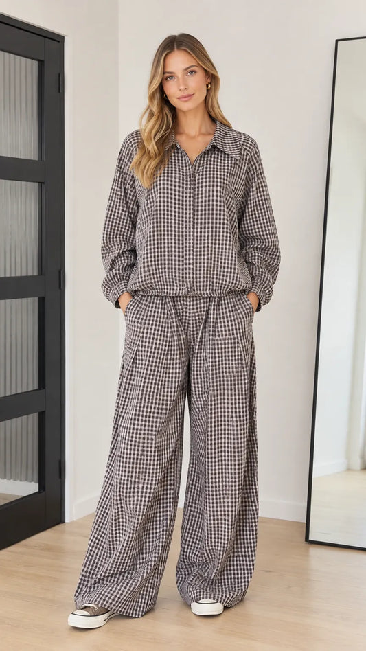 Women's Gingham Collared Long Sleeve Top and Wide-Leg Pants Two-Piece Set