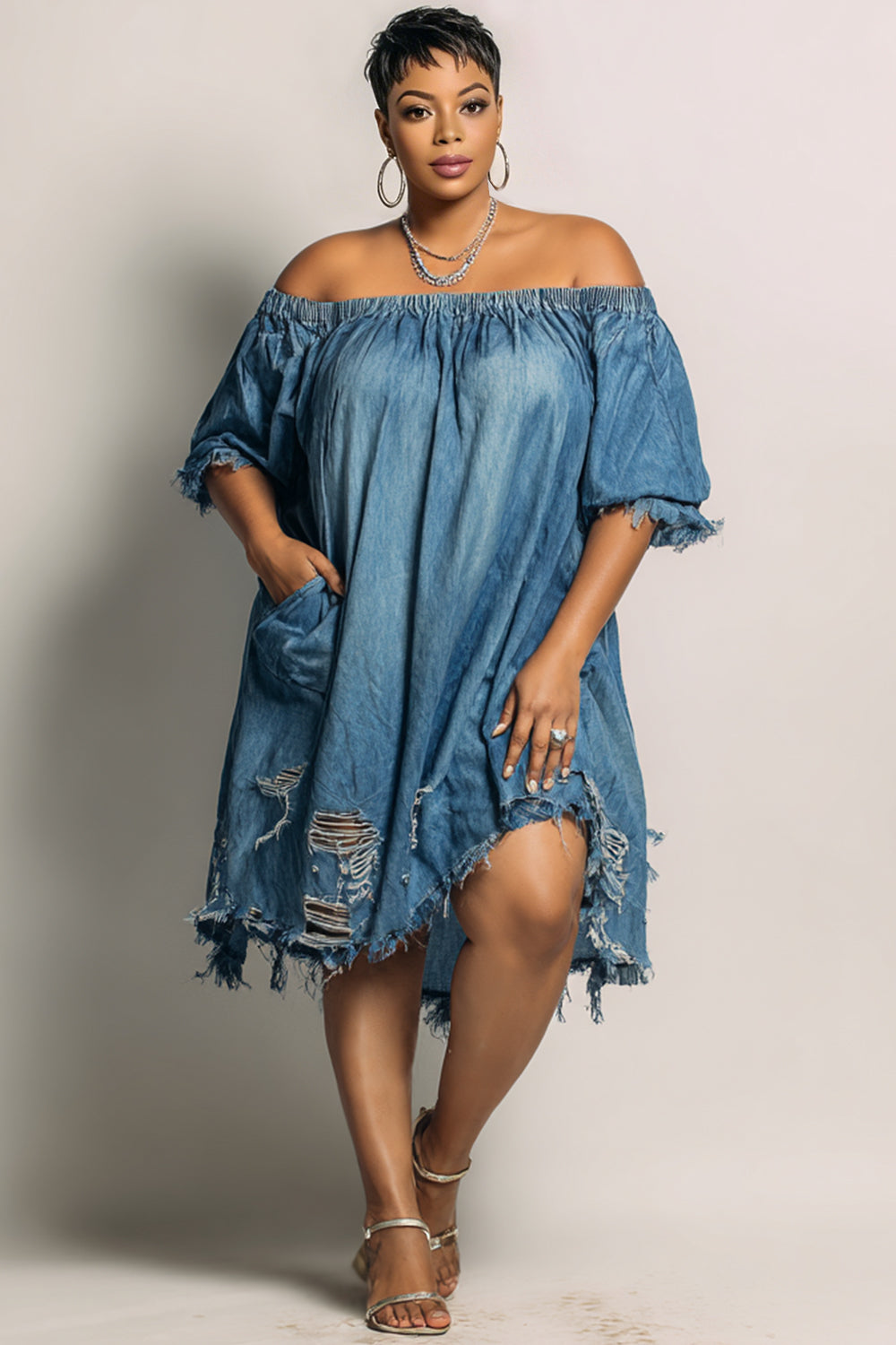 Xpluswear Design Plus Size Party Blue Off The Shoulder Short Sleeve Pocket Ripped Denim Mini Dresses