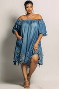 Xpluswear Design Plus Size Party Blue Off The Shoulder Short Sleeve Pocket Ripped Denim Mini Dresses