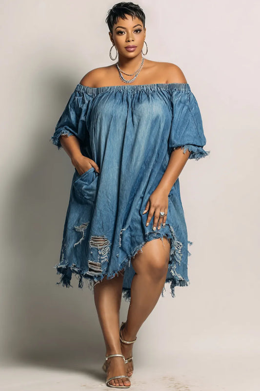 Party Blue Off The Shoulder Short Sleeve Pocket Ripped Denim Mini Dresses