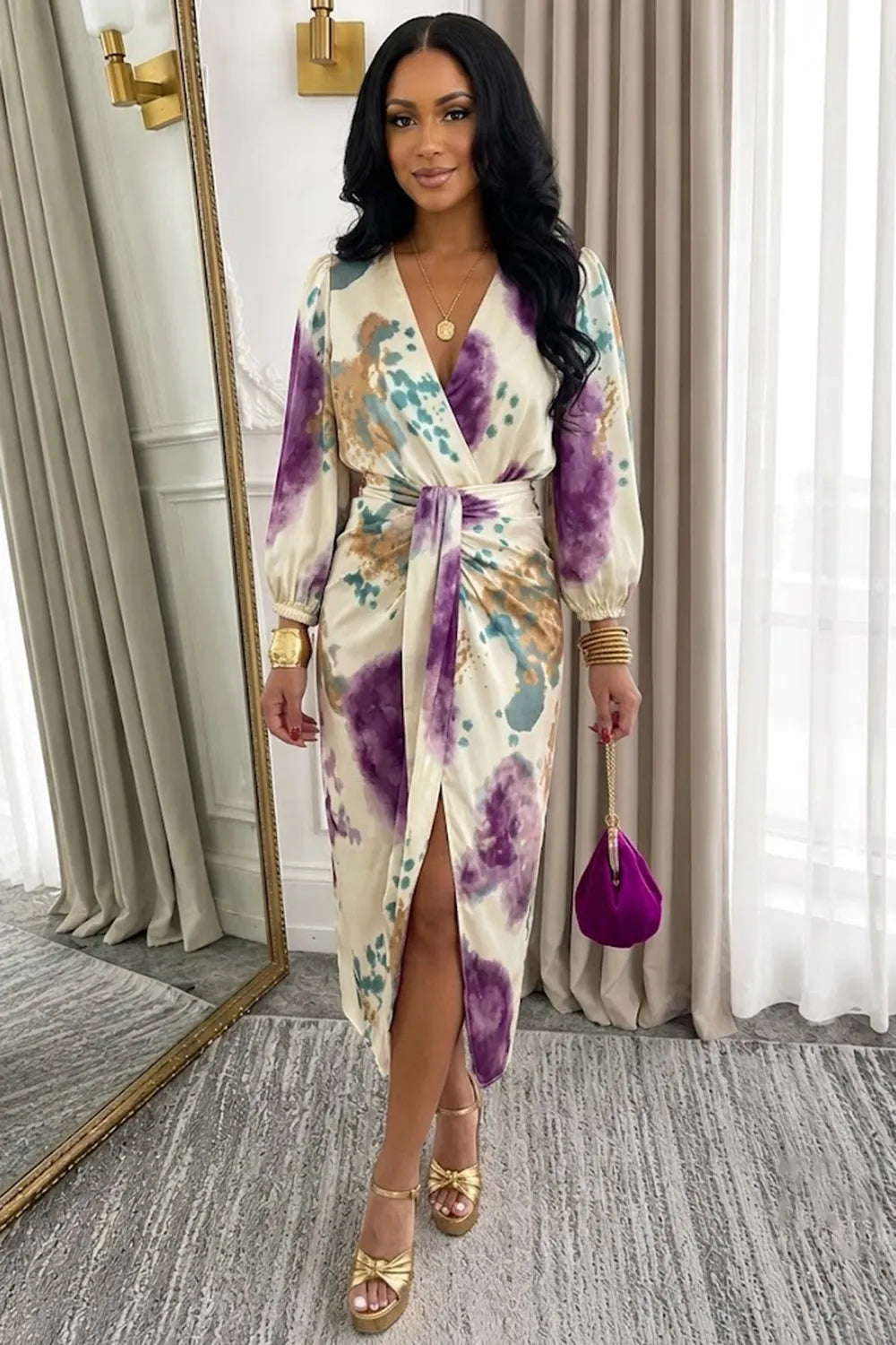 Abstract Print Lantern Sleeve Top Slit Midi Skirt 2pcs Set-Multicolor