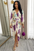 Abstract Print Lantern Sleeve Top Slit Midi Skirt 2pcs Set-Multicolor