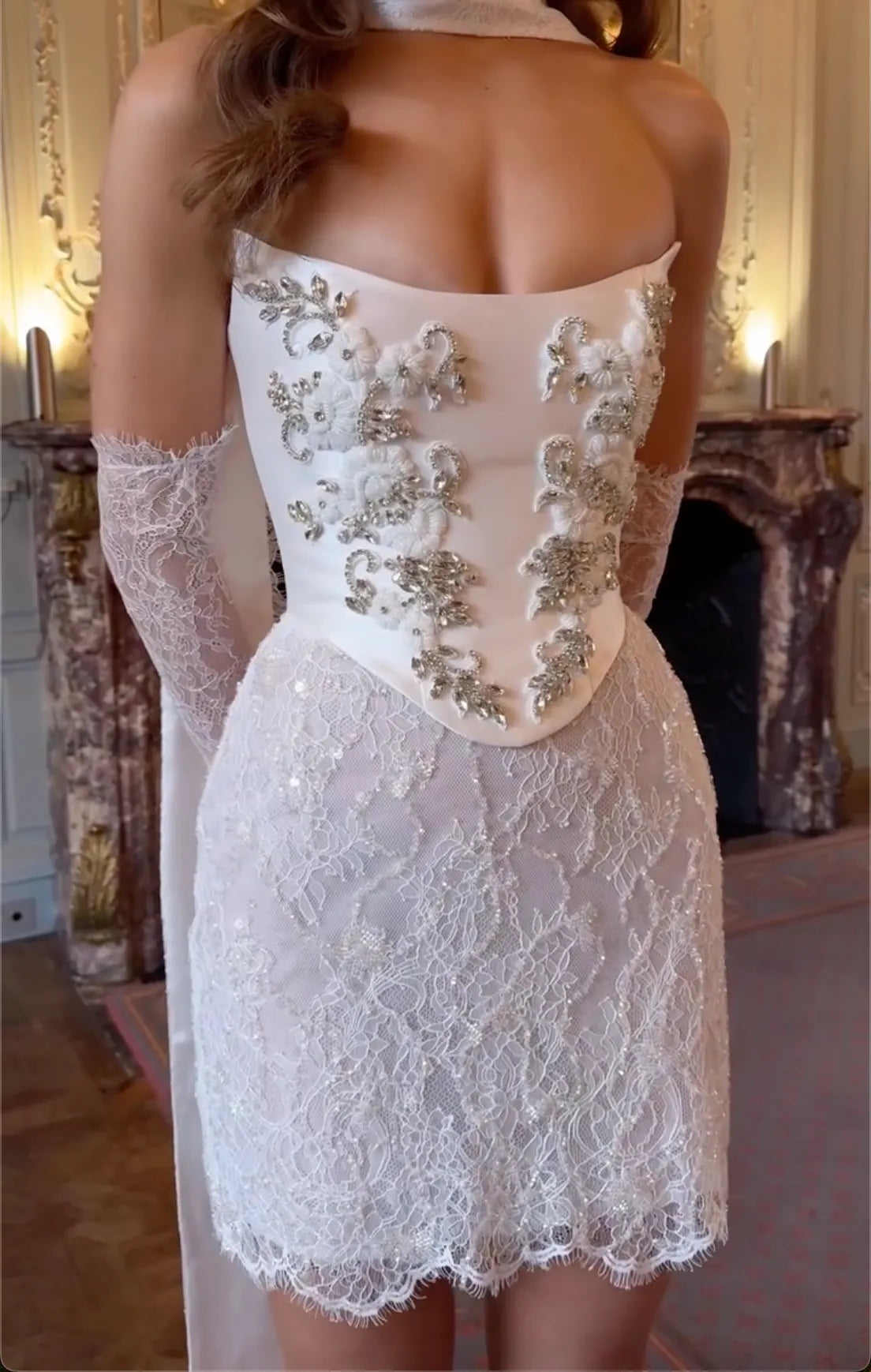 White Strapless Crystal Embellished Lace Mini Dress - Corset Formal Cocktail Gown