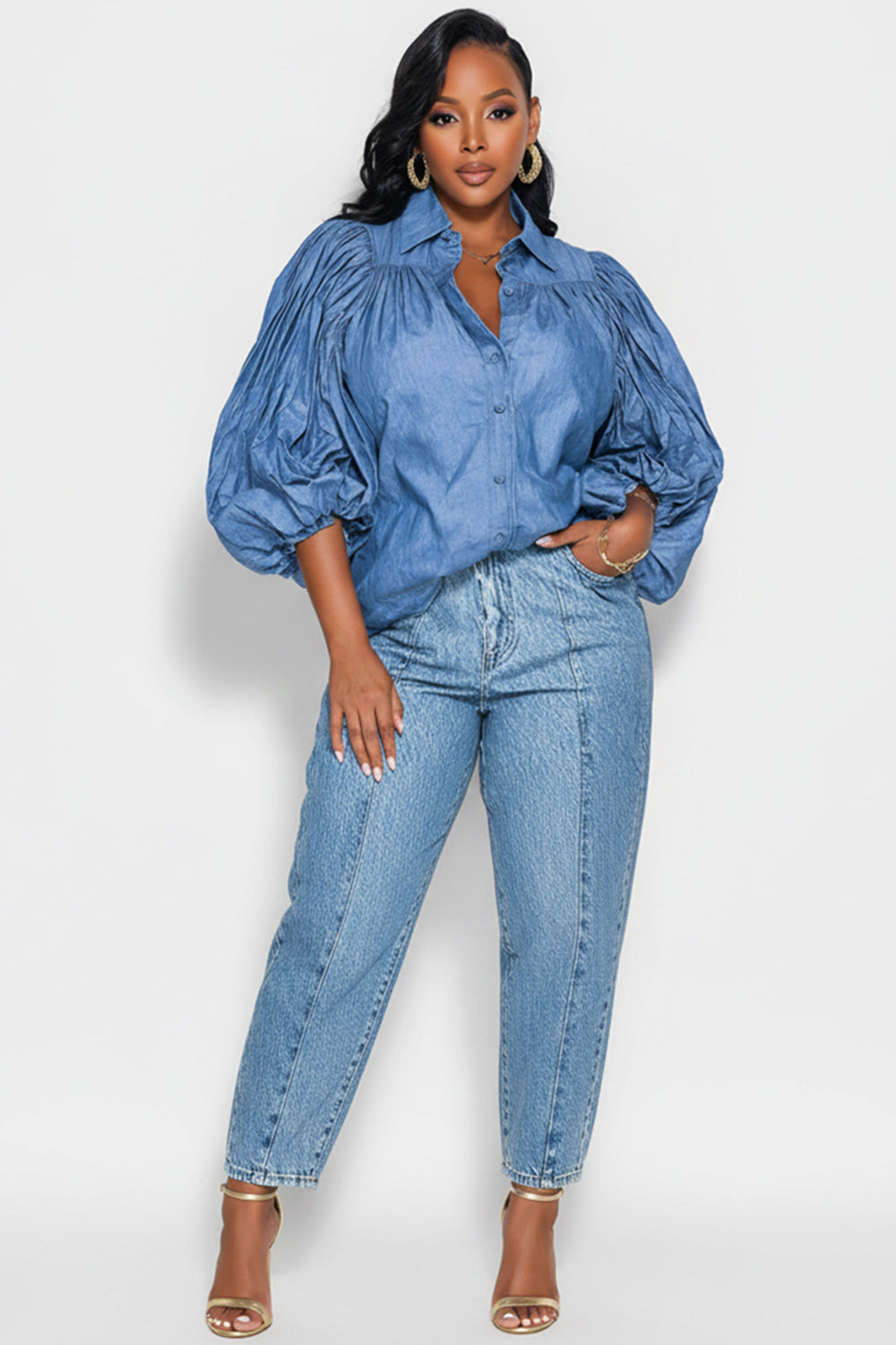 Xpluswear Design Plus Size Business Casual Blue Shirt Collar Lantern Sleeve Half Sleeve Pleated Tencel Denim Blouses