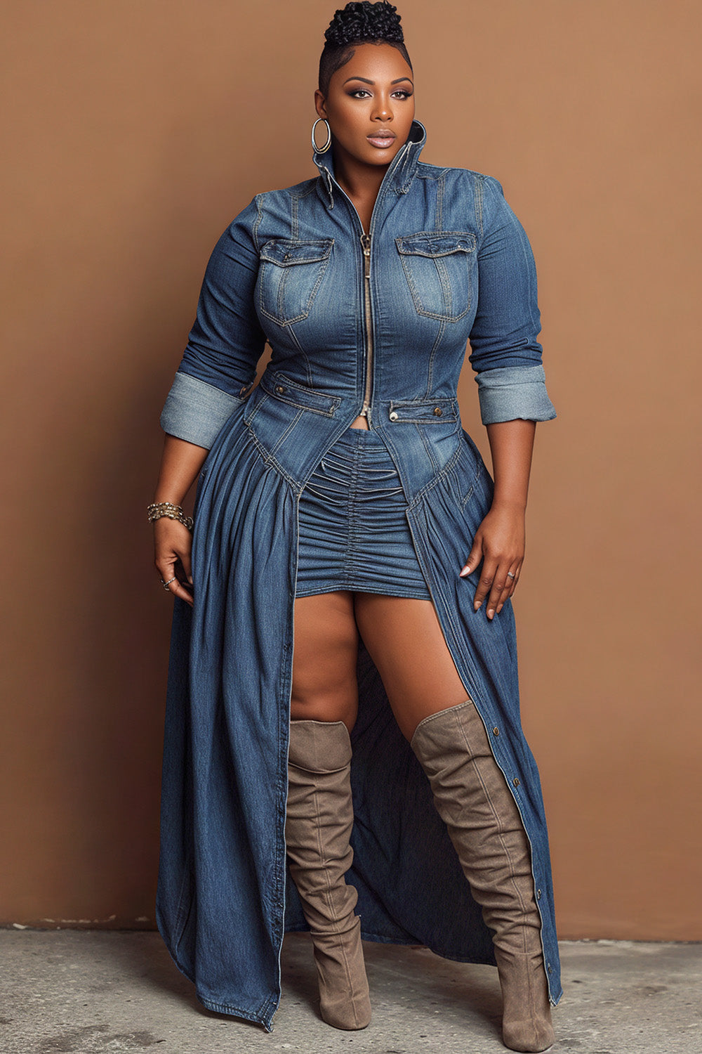 Xpluswear Design Plus Size Festival Blue High Collar Long Sleeve Split Casual Zipper Denim Coat