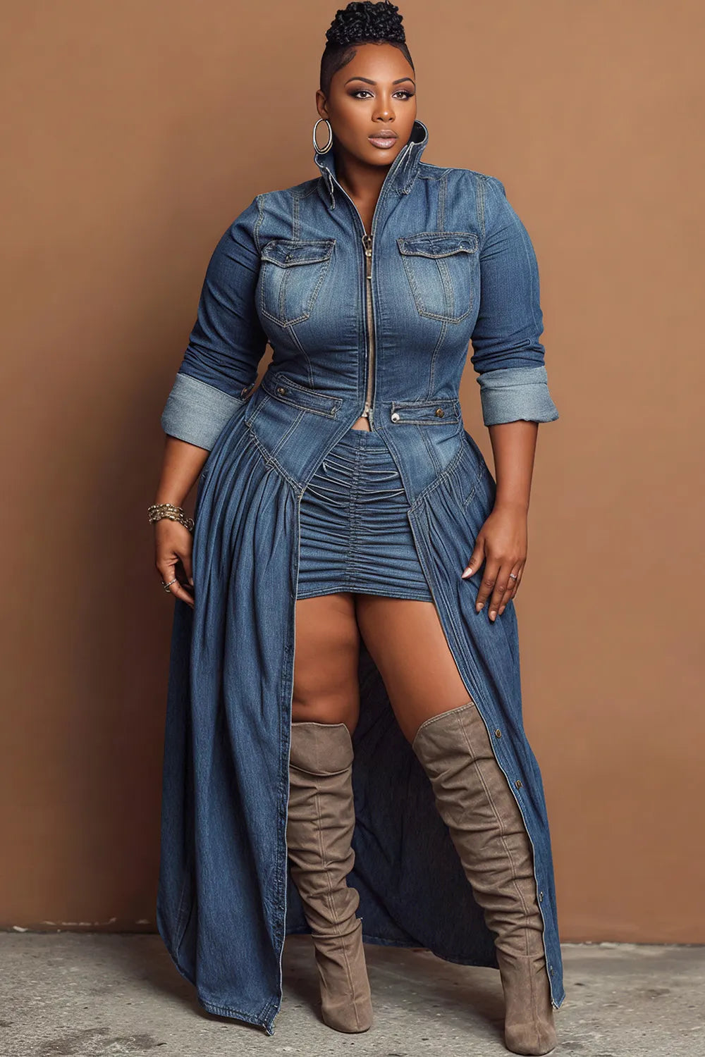 Festival Blue High Collar Long Sleeve Split Casual Zipper Denim Coat