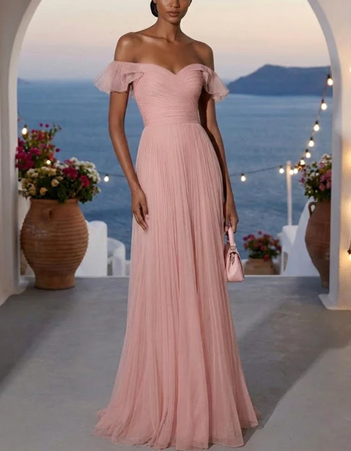 Flesh Pink Off-the-Shoulder Ruffle Tulle A-Line Maxi Dress