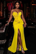 Strapless 3D Flower Slit Solid Color Gowns Maxi Dresses-Yellow
