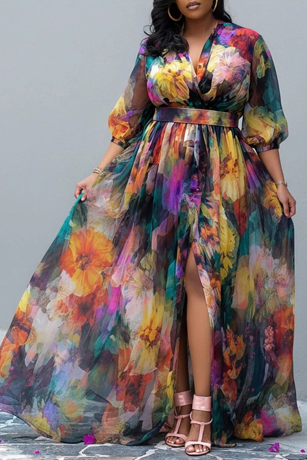 Vacation Multicolor Floral V Neck Puff Sleeve Half Sleeve Split Chiffon Maxi Dresses