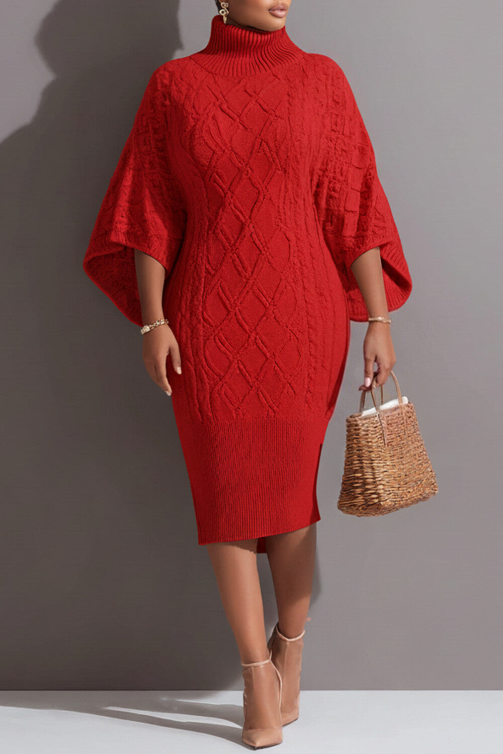 Business Casual Red High Collar Flare Long Sleeve Bodycon Elegant Crochet Midi Dresses