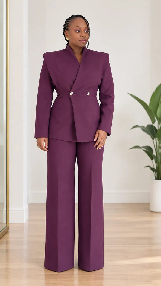 Women's Sculpted Collar Double-Breasted Blazer and Wide-Leg Pants 2-Piece Suit Set