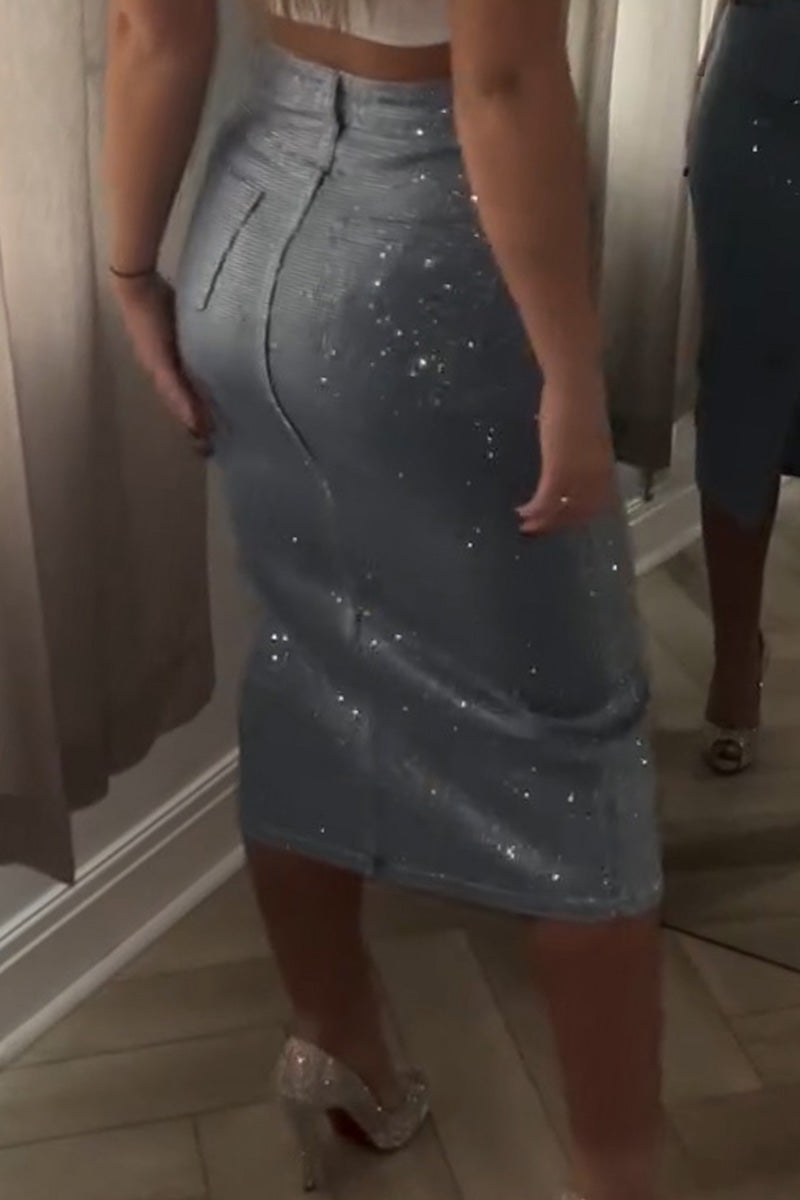 Women's slit-hem rhinestone embellished denim skirt