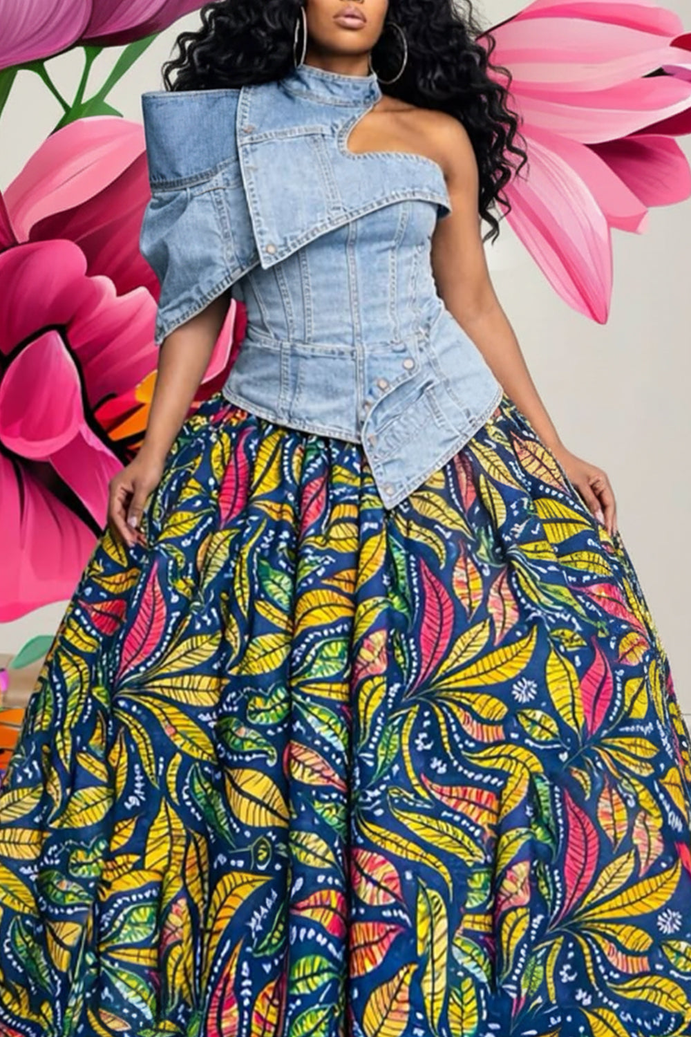Plus Size Party Casual Blue Mock Neck One Shoulder Short Sleeve Asymmetric Hem Irregular Hem Cut Out Denim Tops
