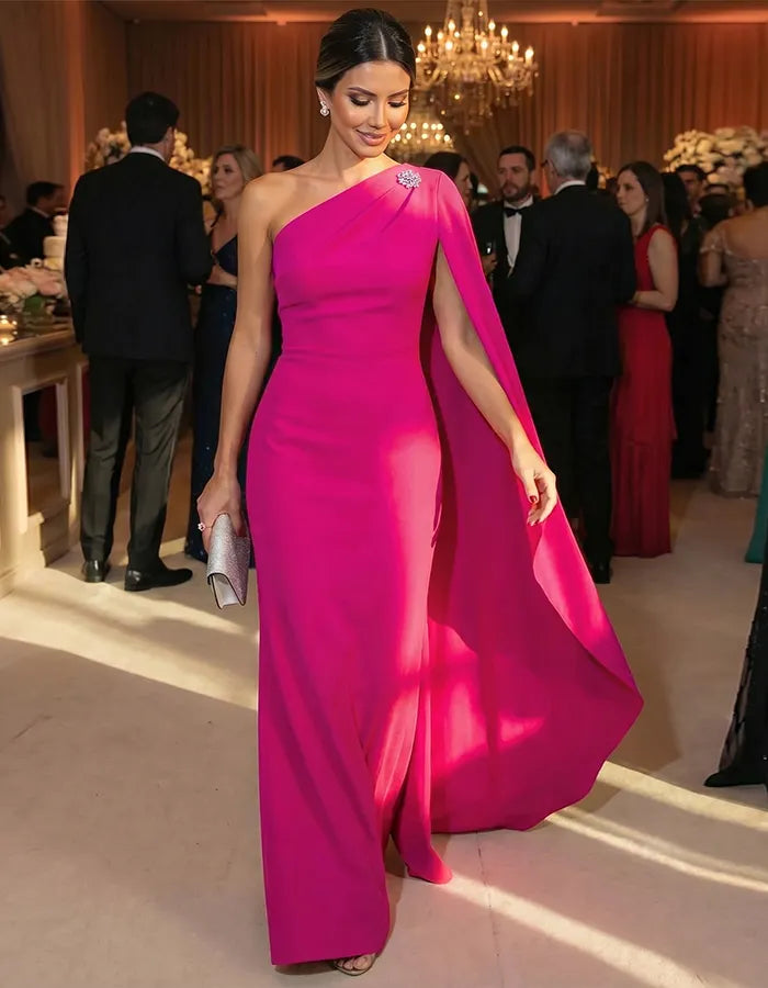 Rose Pink One Shoulder Fishtail Shawl Maxi Dress