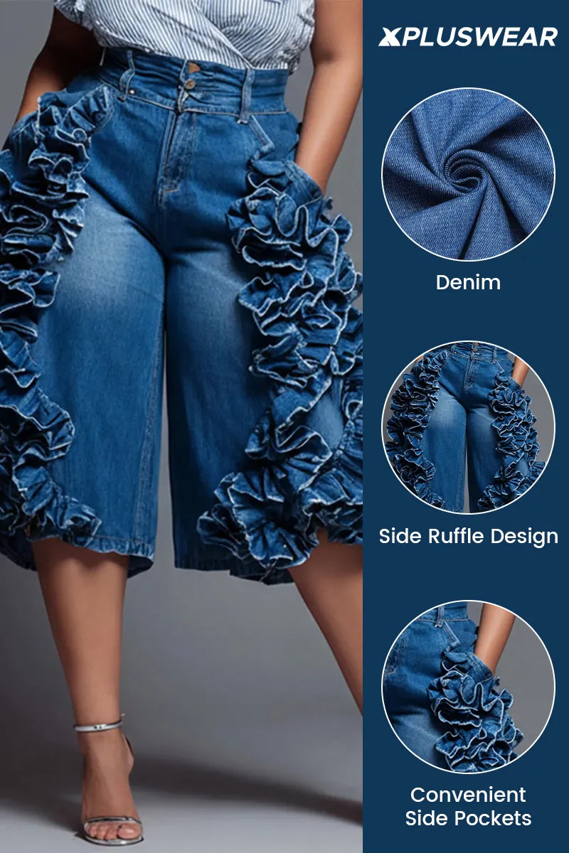 Xpluswear Design Plus Size Party Blue Ruffle Pocket Denim Jeans