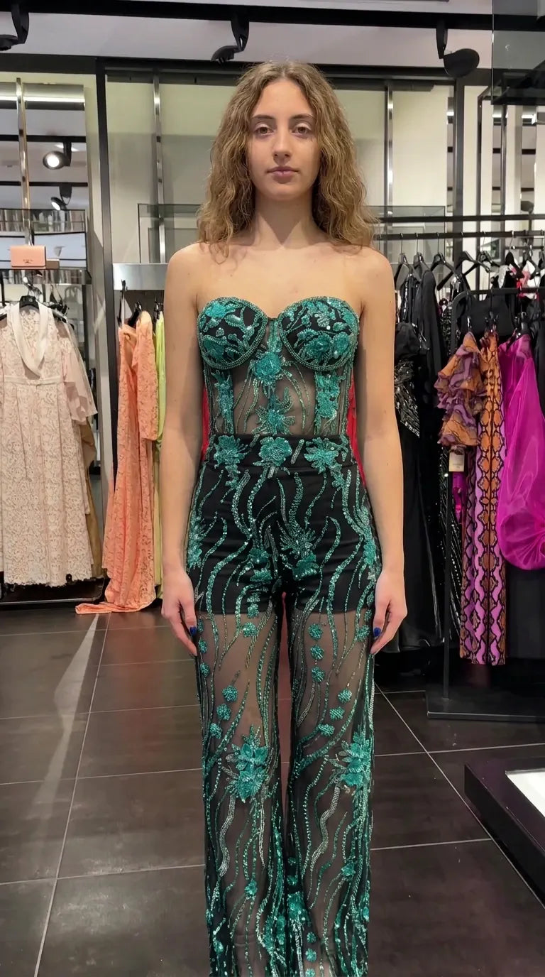 Strapless Sweetheart Sequin Mesh Evening Jumpsuit with Molded Corset Bodice