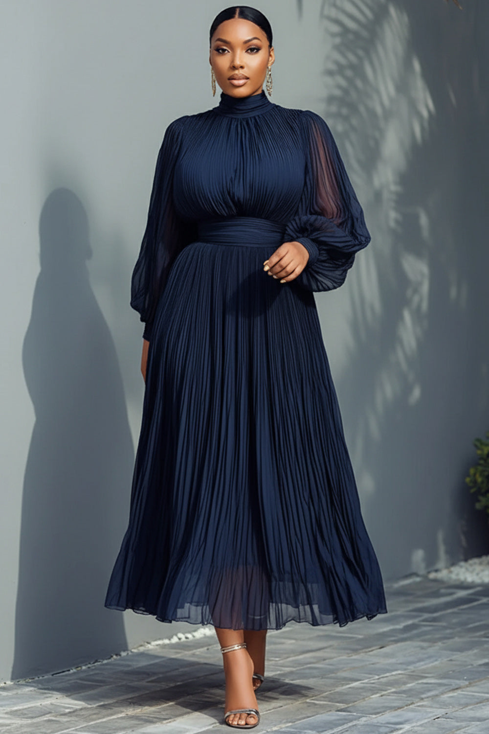 Churchs Navy Blue Mock Neck Lantern Sleeve Long Sleeve See Through Elegant Ruffled Midi Dresses