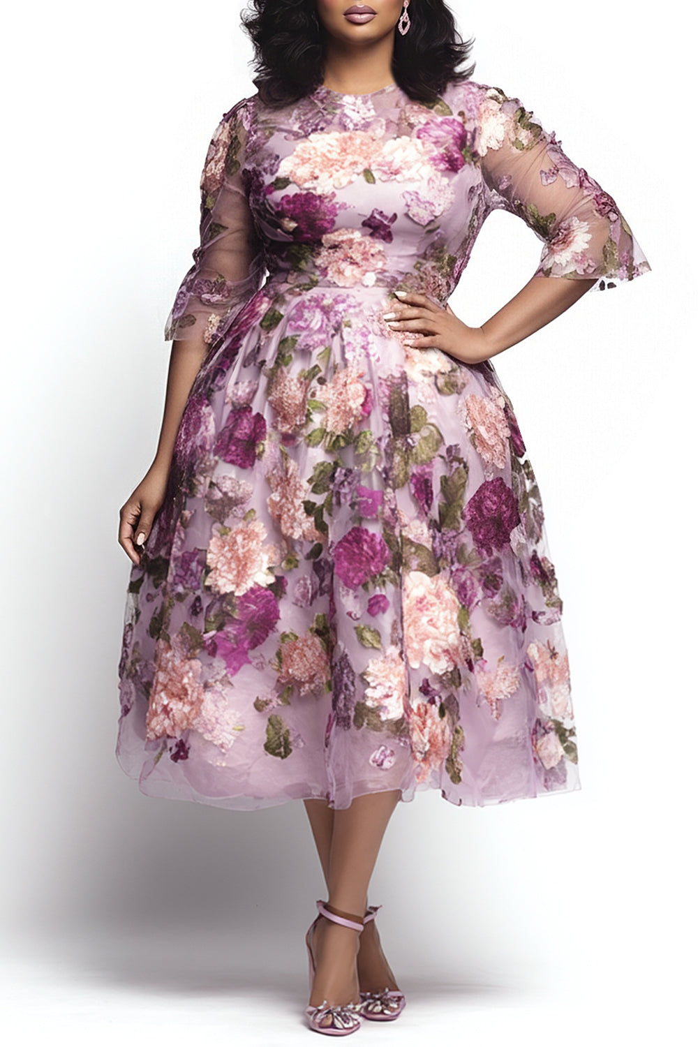 Cocktail Party Elegant Pink Floral Round Neck Half Sleeve See Through Tulle Midi Dresses