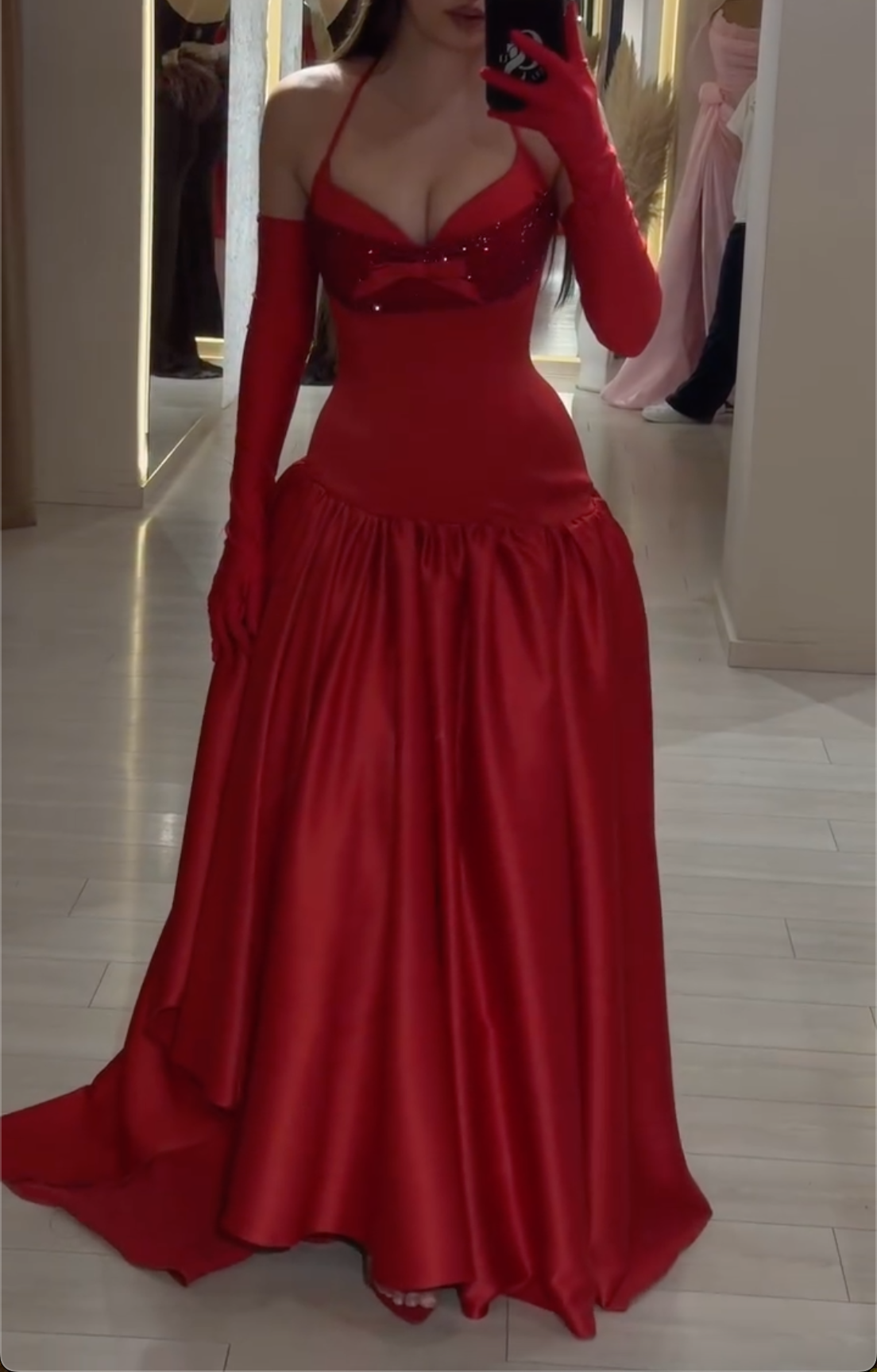 Red Halter Satin Ball Gown - Sparkly Bustier Maxi Formal Dress with Matching Gloves