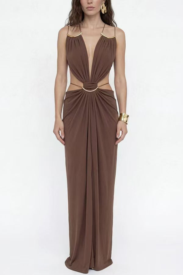 Glamorous Gold Ring Draped Cut-Out Resort Maxi Dress