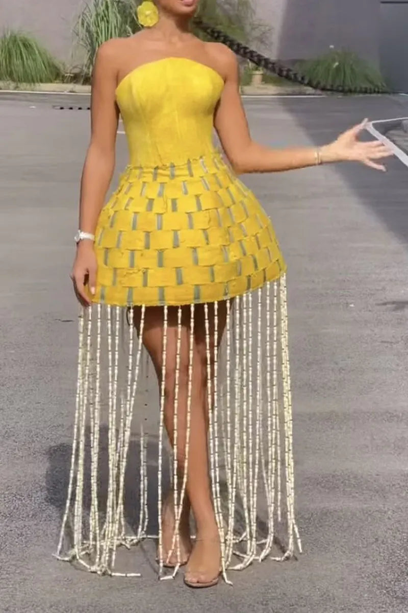 Women Strapless Corset Bodice Woven Basket Weave Skirt with Long Beaded Fringe Mini Dress