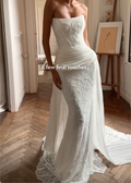 Strapless Sequin Lace Mermaid Wedding Dress Draped Waist Sash With Pleated Long Train Bridal Gown