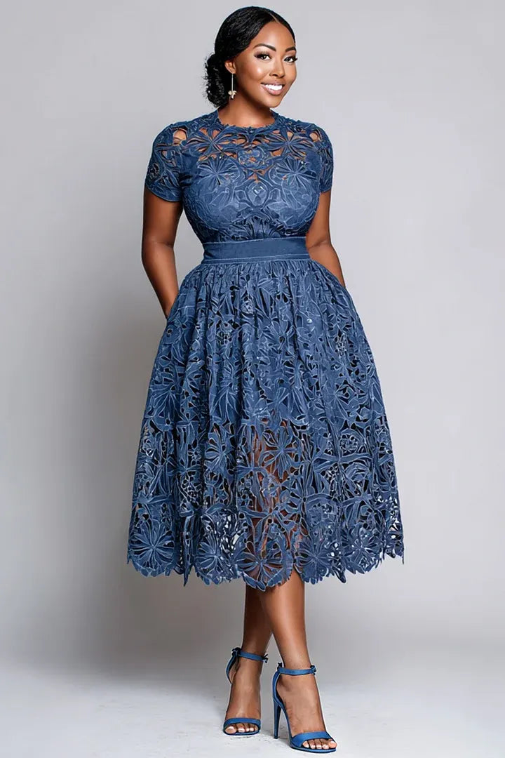 Cocktail Party Blue Round Neck Short Sleeve Pocket Cut Out Guipure Lace Midi Dresses