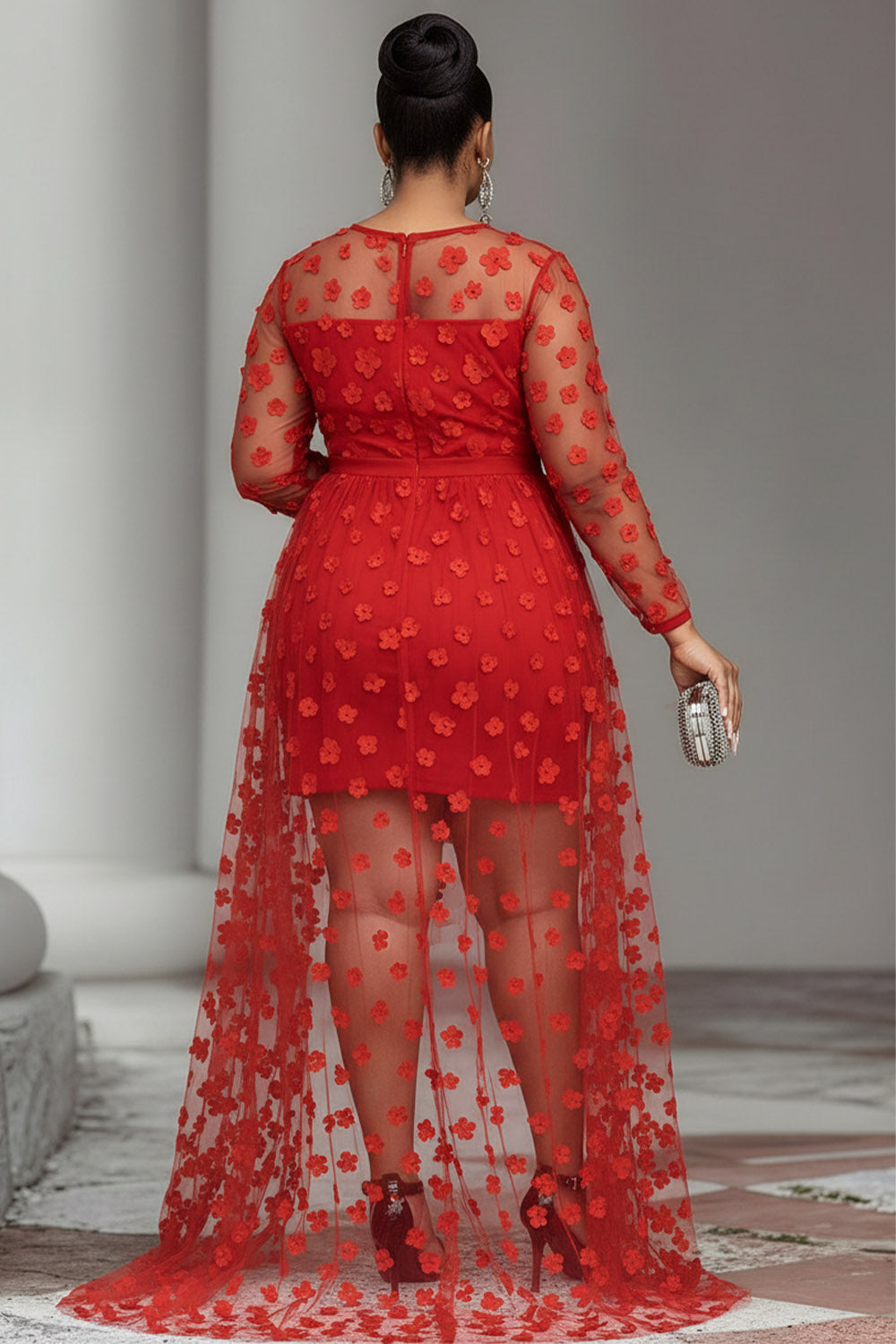 Party Red Round Neck Long Sleeve High Low Hem Elegant See Through Tulle Mini Dresses