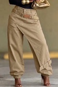 Women Oversized Asym Overlay Cargo Joggers Leather Patch Waistband Elastic Cuff Baggy Pants