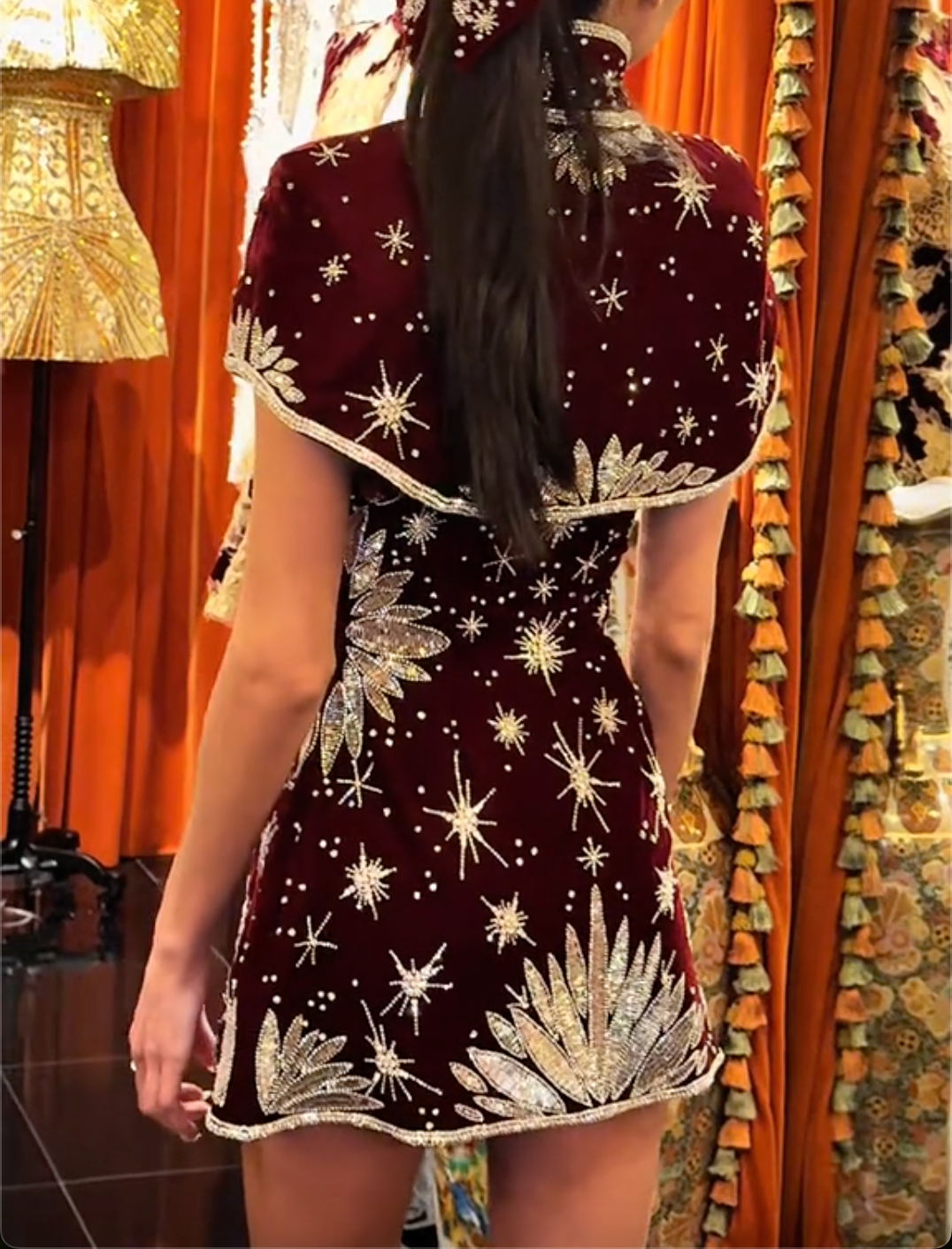 Black Velvet Starburst Beaded Mandarin Collar Capelet Mini Dress